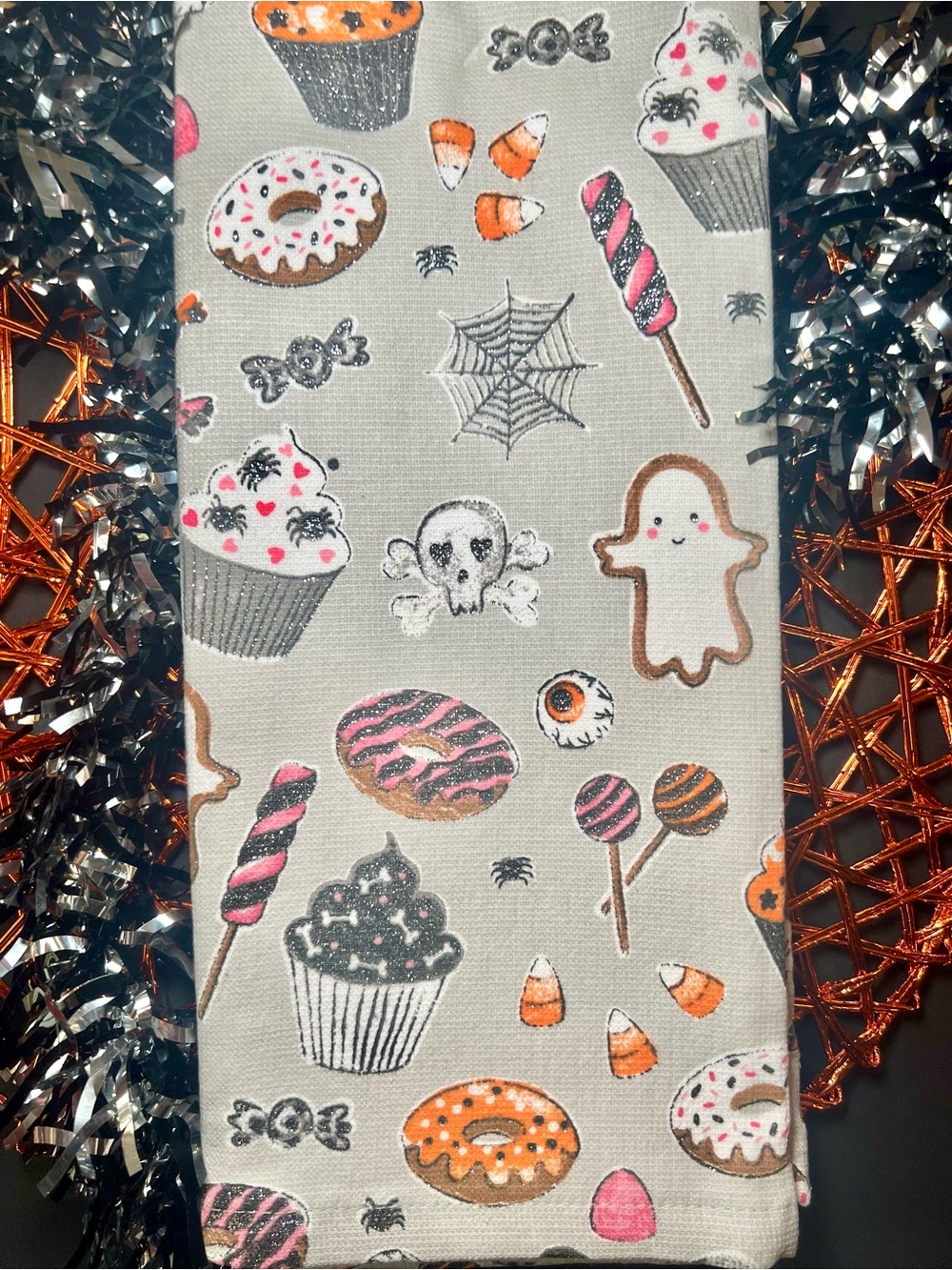 2 Halloween Sweets Kitchen Towels Candy Cookie Ghost Cupcake Donuts Glittered